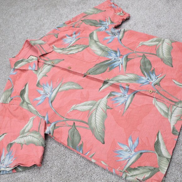 Jamaica Jaxx Camp Shirt Adult Medium Pink Floral Silk Loop Collar S/S Button Up - Picture 6 of 13